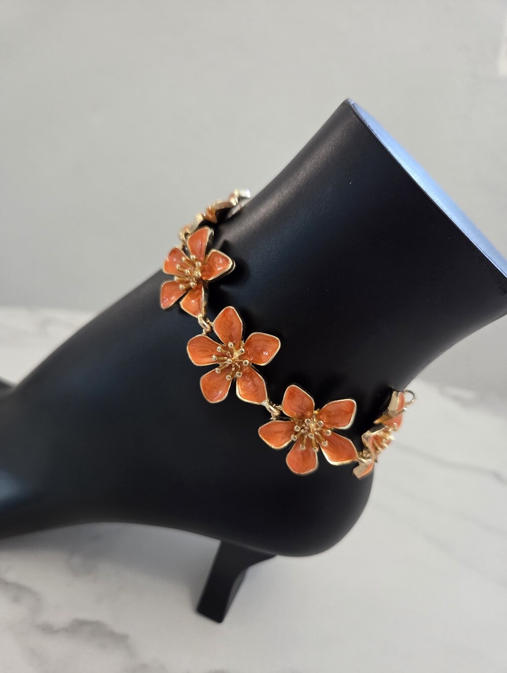 Gold & Orange Enamel Flower Anklet Boho Floral Anklet Bracelet Accesory - Picture 3 of 12